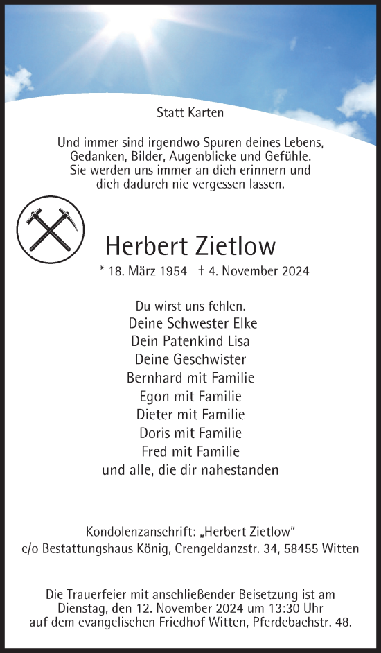 Traueranzeige von Herbert Zietlow von Tageszeitung