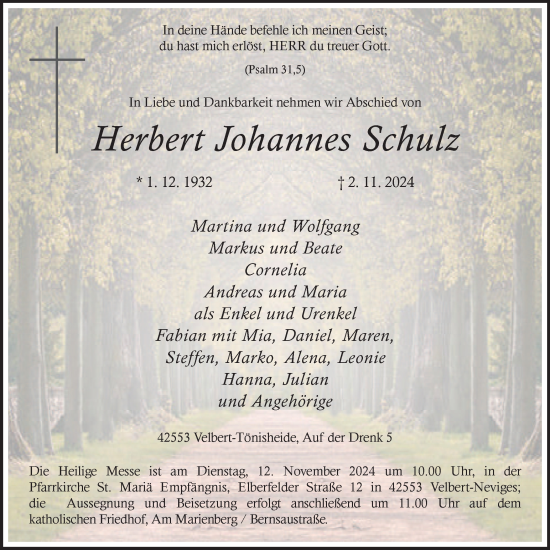 Traueranzeige von Herbert Johannes Schulz von Tageszeitung