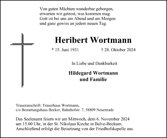 Traueranzeige von Heribert Wortmann von Tageszeitung
