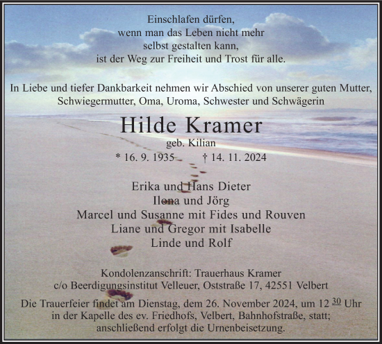Traueranzeige von Hilde Kramer von Tageszeitung