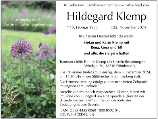 Traueranzeige von Hildegard Klemp von Tageszeitung