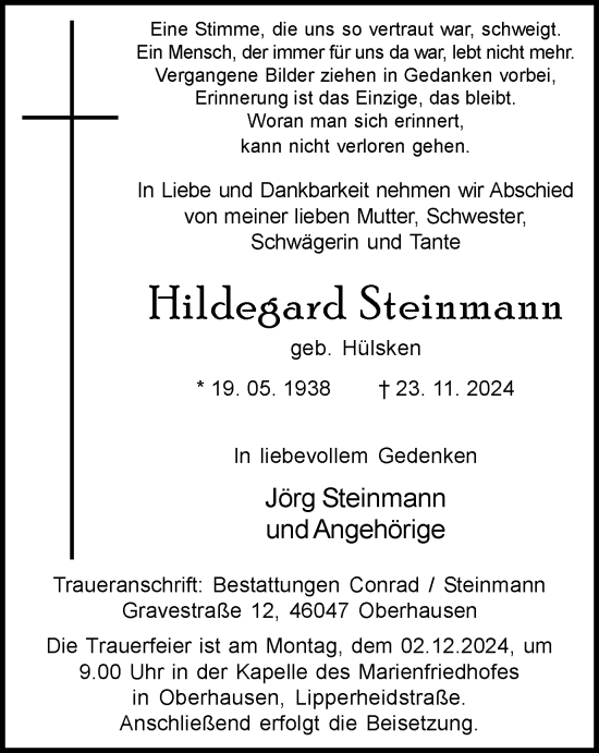 Traueranzeige von Hildegard Steinmann von Tageszeitung