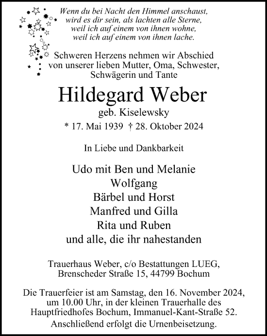 Traueranzeige von Hildegard Weber von Tageszeitung