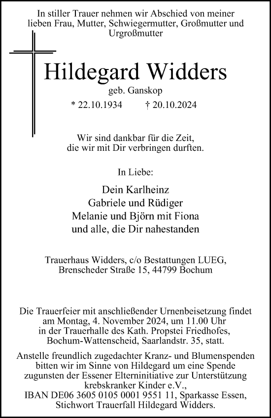 Traueranzeige von Hildegard Widders von Tageszeitung