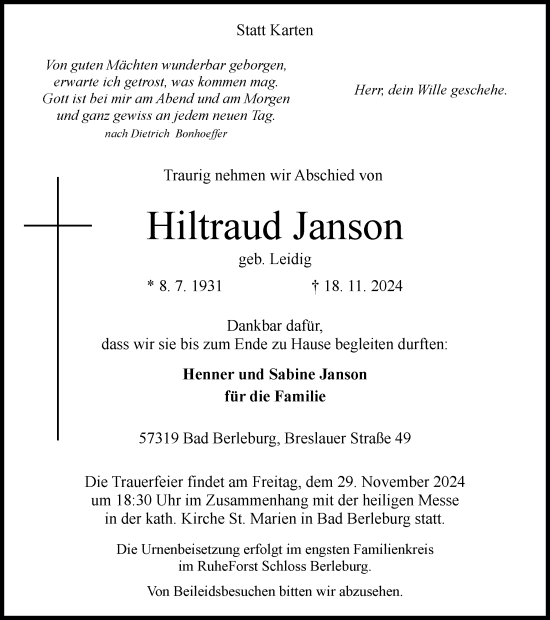 Traueranzeige von Hiltraud Janson von Tageszeitung