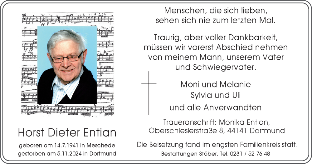  Traueranzeige für Horst Dieter Entian vom 30.11.2024 aus Tageszeitung