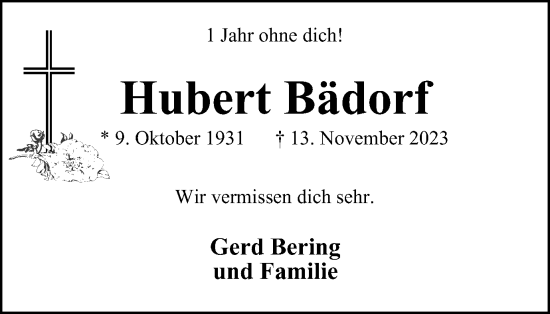 Traueranzeige von Hubert Bädorf von Tageszeitung