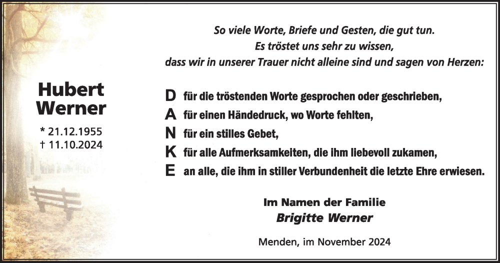  Traueranzeige für Hubert Werner vom 23.11.2024 aus Tageszeitung