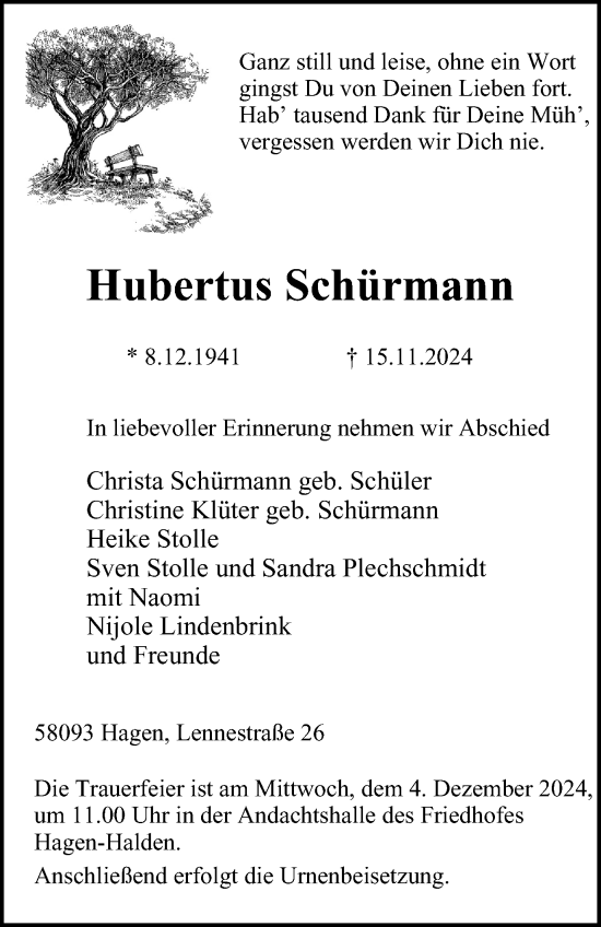 Traueranzeige von Hubertus Schürmann von Tageszeitung