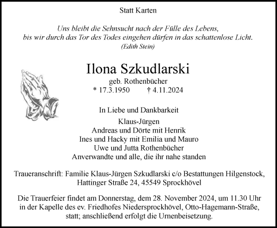 Traueranzeige von Ilona Szkudlarski von Tageszeitung
