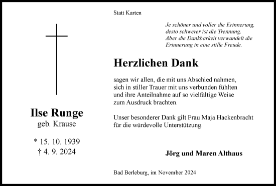 Traueranzeige von Ilse Runge von Tageszeitung