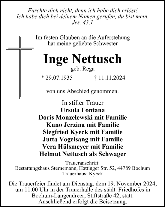 Traueranzeige von Inge Nettusch von Tageszeitung