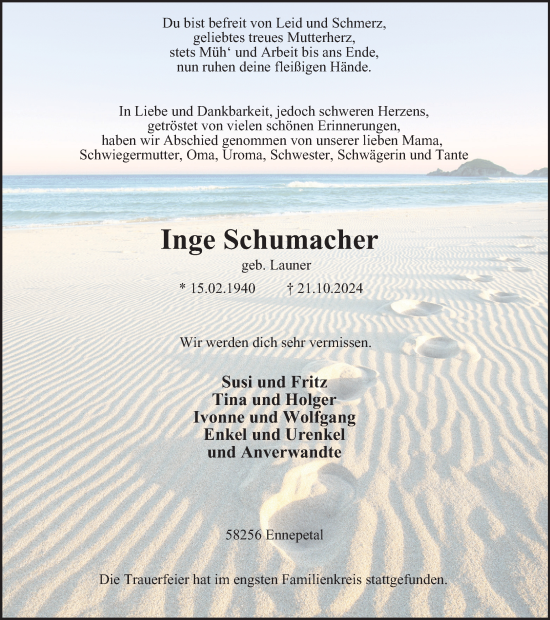 Traueranzeige von Inge Schumacher von Tageszeitung