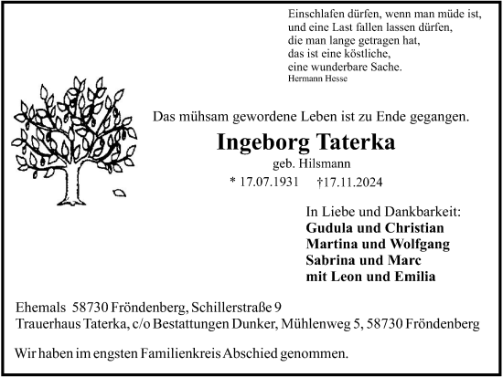 Traueranzeige von Ingeborg Taterka von Tageszeitung