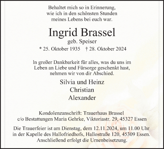 Traueranzeige von Ingrid Brassel von Tageszeitung
