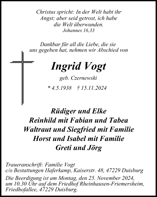 Traueranzeige von Ingrid Vogt von Tageszeitung