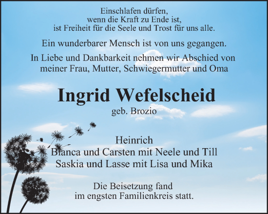 Traueranzeige von Ingrid Wefelscheid von Tageszeitung