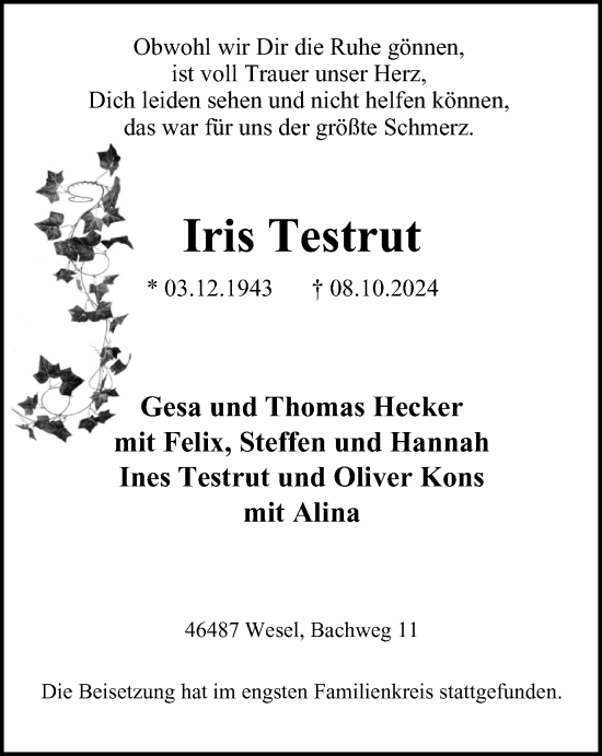 Traueranzeige von Iris Testrut von Tageszeitung