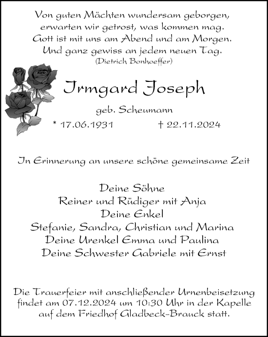 Traueranzeige von Irmgard Joseph von Tageszeitung