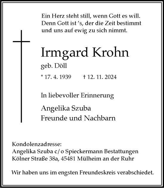 Traueranzeige von Irmgard Krohn von Tageszeitung