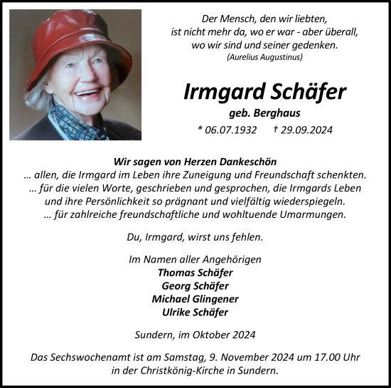 Traueranzeige von Irmgard Schäfer von Tageszeitung