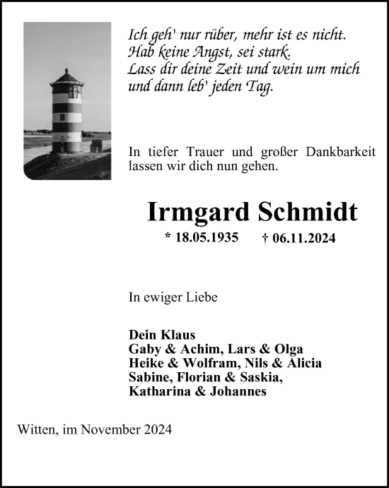Traueranzeige von Irmgard Schmidt von Tageszeitung