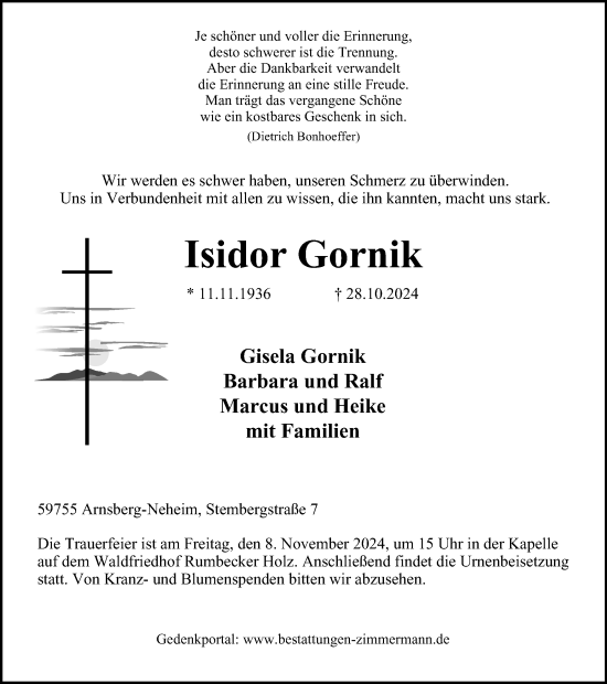 Traueranzeige von Isidor Gornik von Tageszeitung
