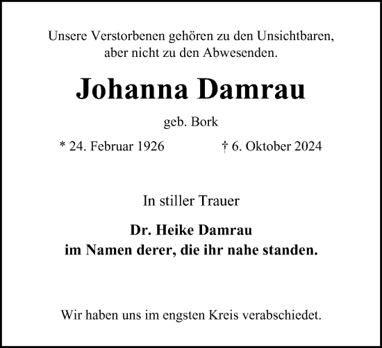 Traueranzeige von Johanna Damrau von Tageszeitung
