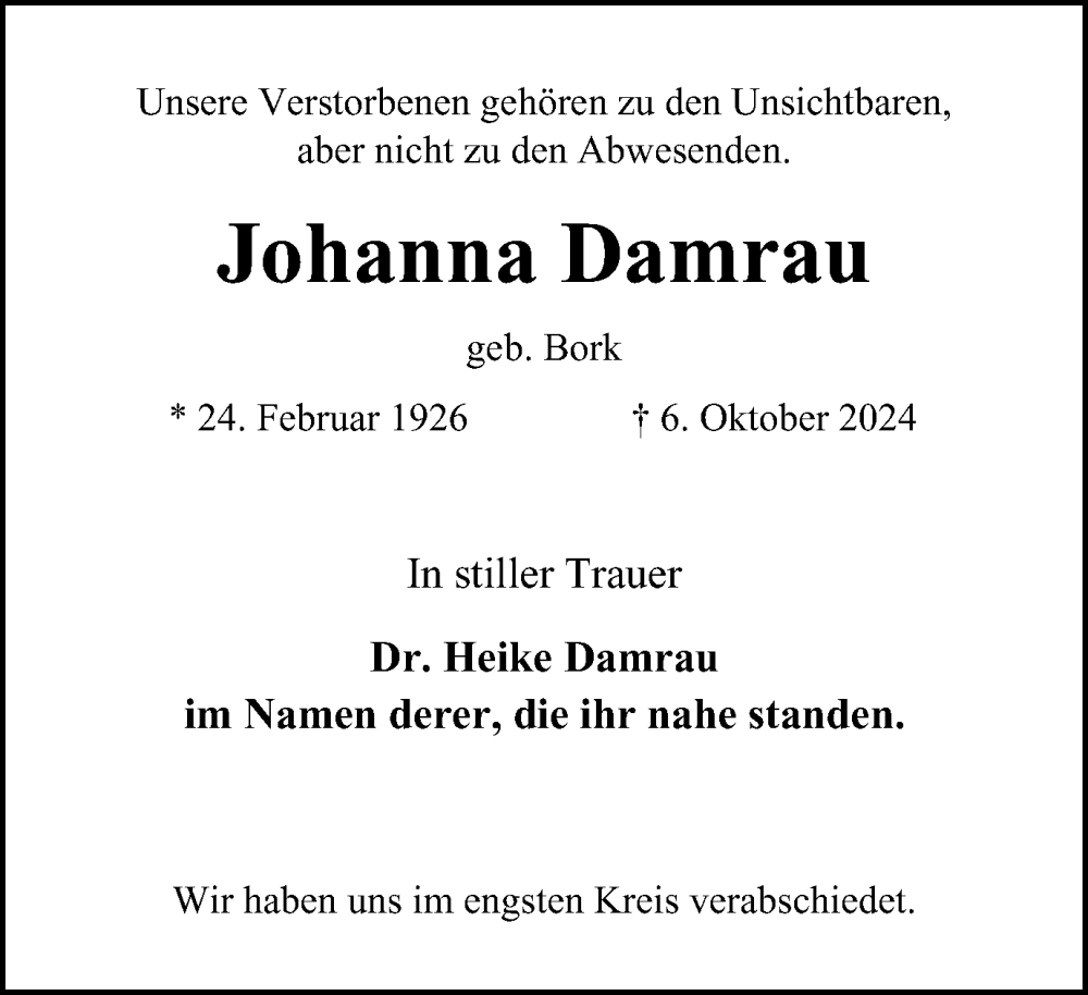  Traueranzeige für Johanna Damrau vom 09.11.2024 aus Tageszeitung