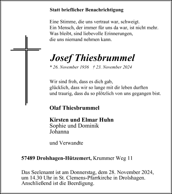 Traueranzeige von Josef Thiesbrummel von Tageszeitung