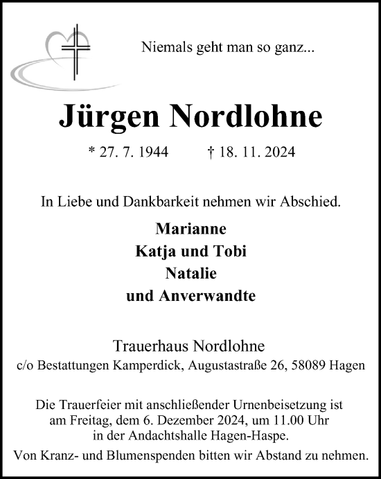 Traueranzeige von Jürgen Nordlohne von Tageszeitung