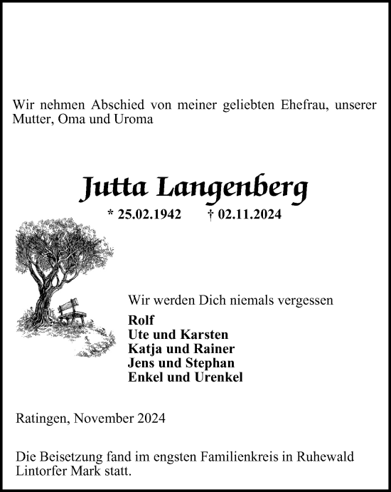 Traueranzeige von Jutta Langenberg von Tageszeitung