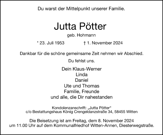 Traueranzeige von Jutta Pötter von Tageszeitung