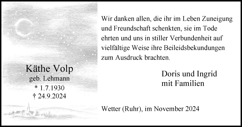  Traueranzeige für Käthe Volp vom 09.11.2024 aus Tageszeitung
