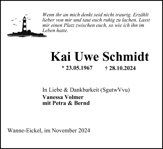 Traueranzeige von Kai Uwe Schmidt von Tageszeitung