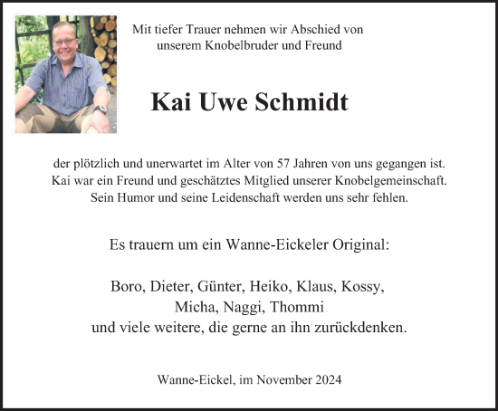 Traueranzeige von Kai Uwe Schmidt von Tageszeitung