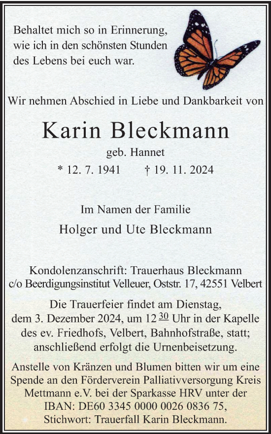 Traueranzeige von Karin Bleckmann von Tageszeitung