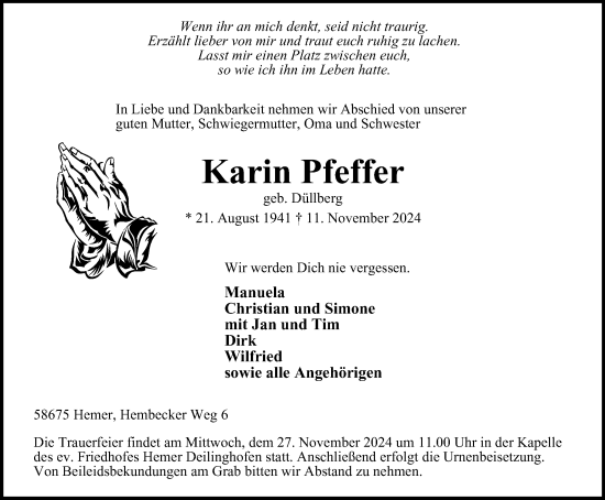 Traueranzeige von Karin Pfeffer von Tageszeitung