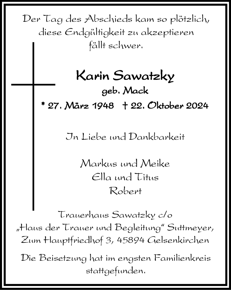  Traueranzeige für Karin Sawatzky vom 09.11.2024 aus Tageszeitung