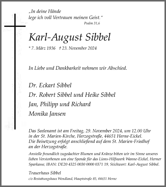 Traueranzeige von Karl-August Sibbel von Tageszeitung