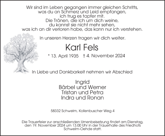 Traueranzeige von Karl Fels von Tageszeitung