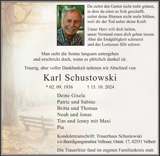 Traueranzeige von Karl Schustowski von Tageszeitung