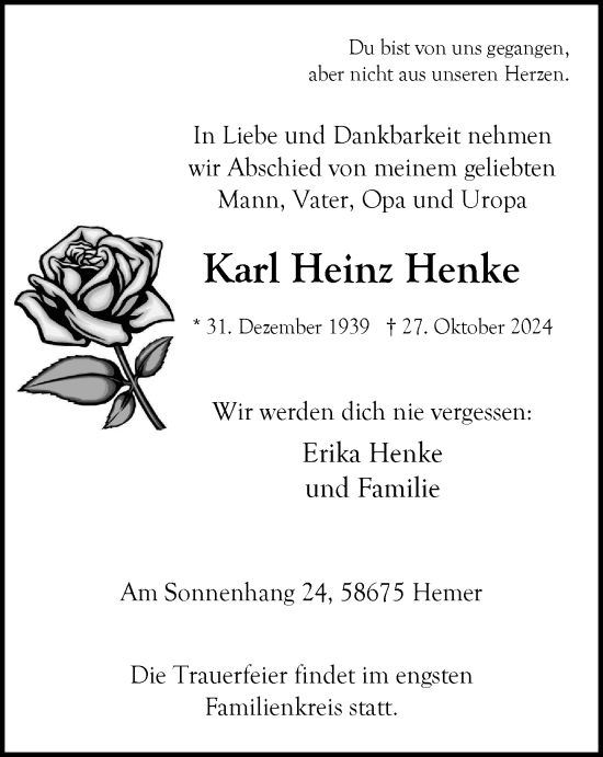 Traueranzeige von Karl Heinz Henke von Tageszeitung