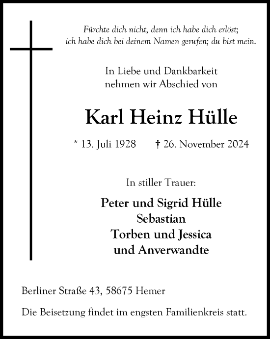 Traueranzeige von Karl Heinz Hülle von Tageszeitung