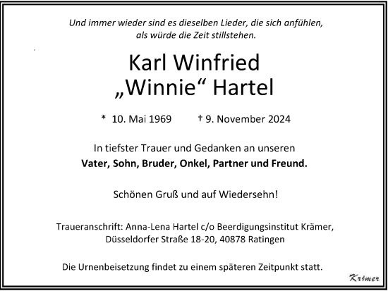 Traueranzeige von Karl Winfried Hartel von Tageszeitung