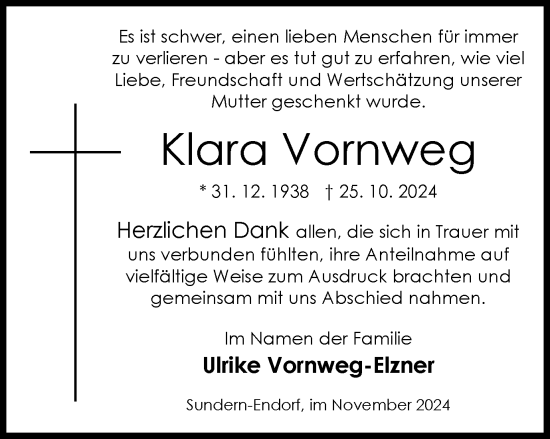 Traueranzeige von Klara Vornweg von Tageszeitung
