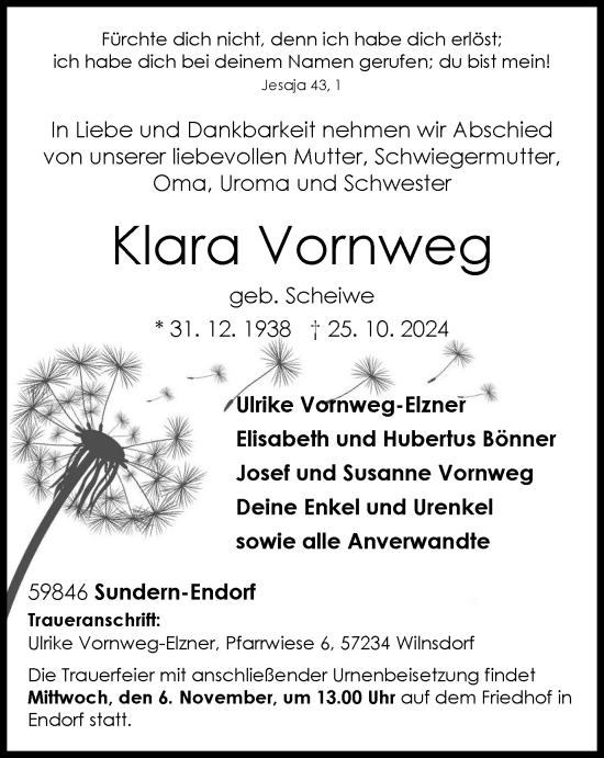 Traueranzeige von Klara Vornweg von Tageszeitung
