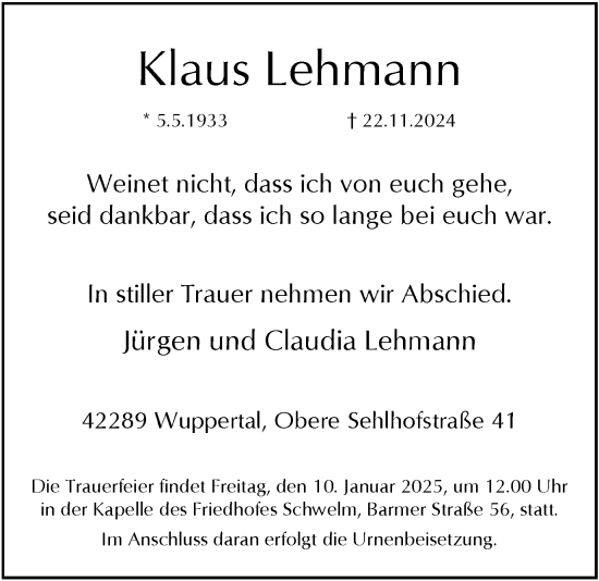 Traueranzeige von Klaus Lehmann von Tageszeitung
