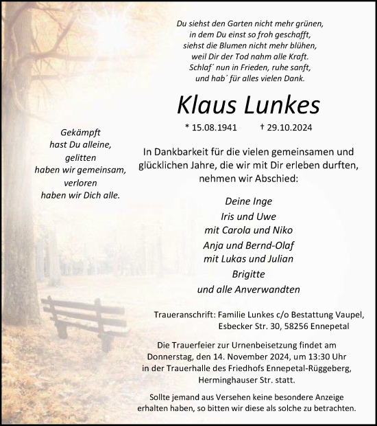 Traueranzeige von Klaus Lunkes von Tageszeitung