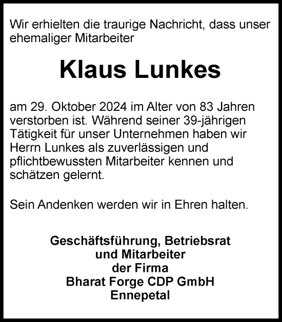 Traueranzeige von Klaus Lunkes von Tageszeitung